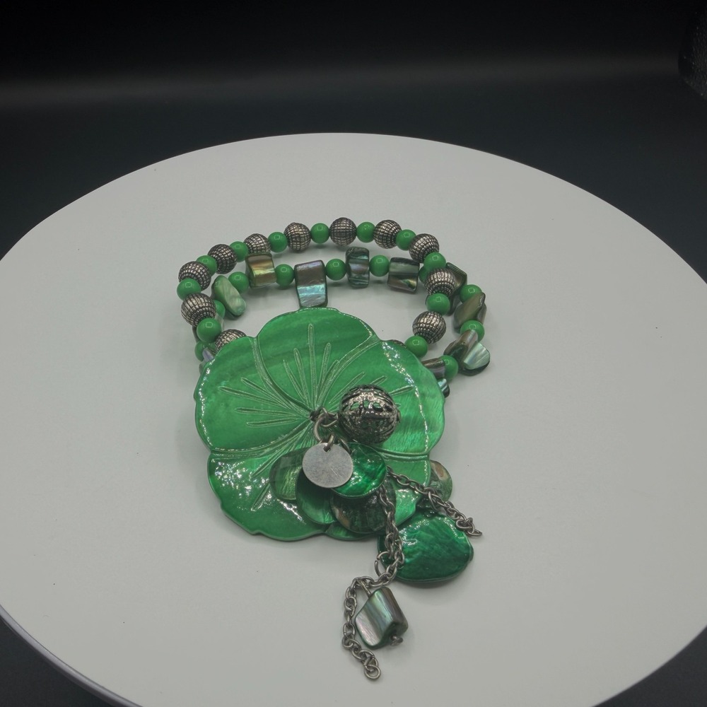 Green Flower Charm Double Strand Beaded Stretch Bracelet Boho Statement Gift